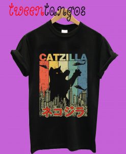 Vintage Catzilla Japanese Sunset Style Cat Kitten Lover T-Shirt